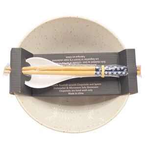 SH Home 40oz Ceramic Ramen Noodle Bowl Set Cream Speckled w/ Chopsticks & Spoon